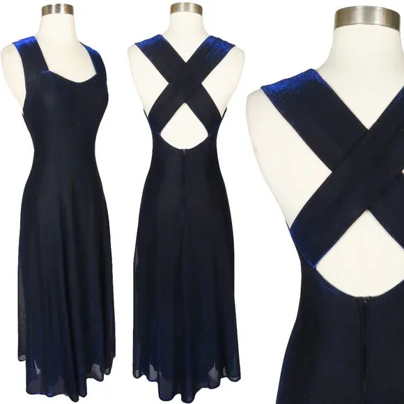Vintage Dresses | Vintage 90s Blue Black Metallic Lurex A-Line Maxi Prom Party Dress Xs S | Color: Black/Blue | Size: S | Pinupdresses's Closet